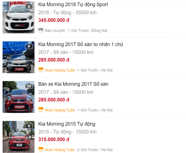 Nhiều chiếc xe Kia Morning cũ được rao bán với giá khác nhau